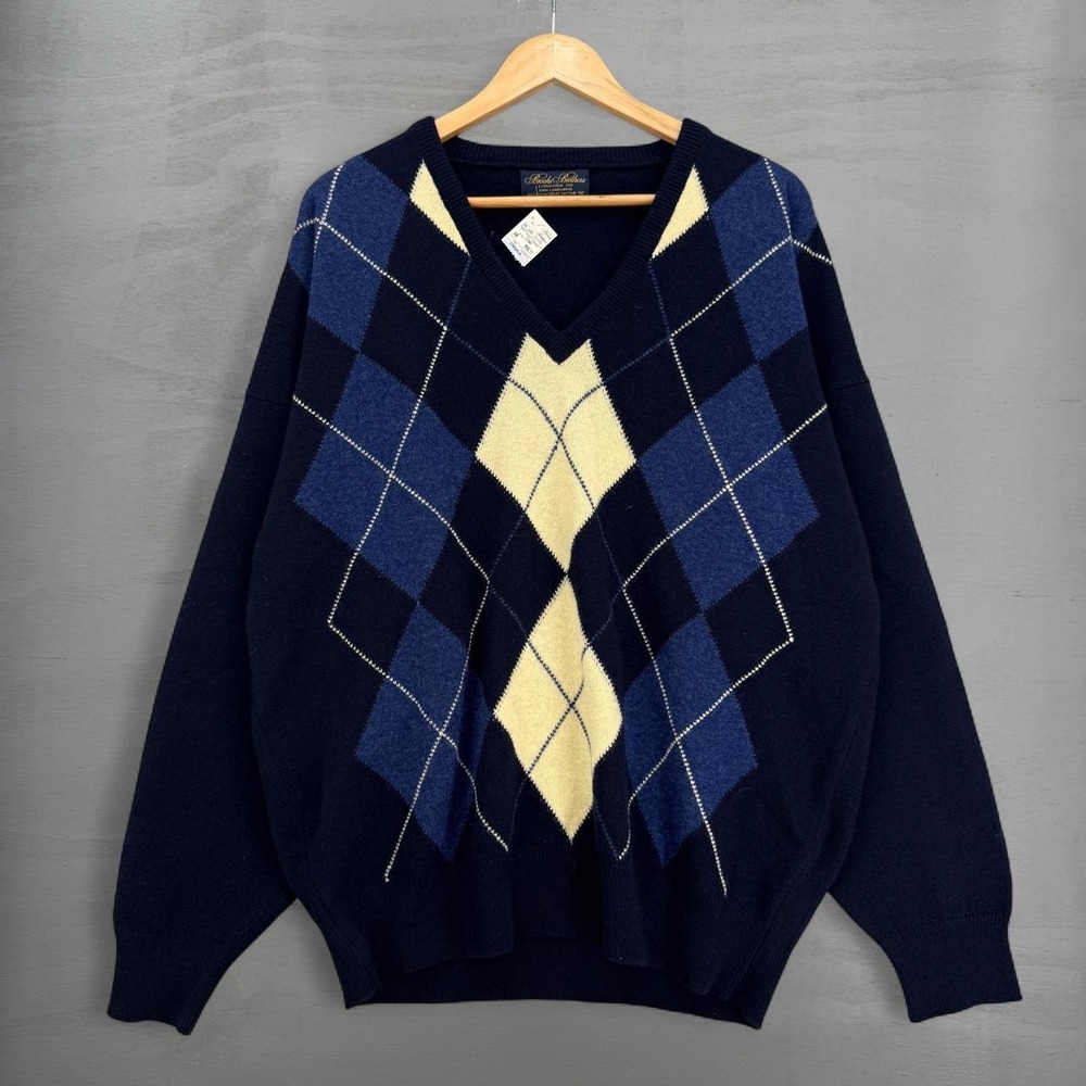 NEW‎ Brooks Brothers V-Neck Sweater Navy Blue Argyle Lambswool 48